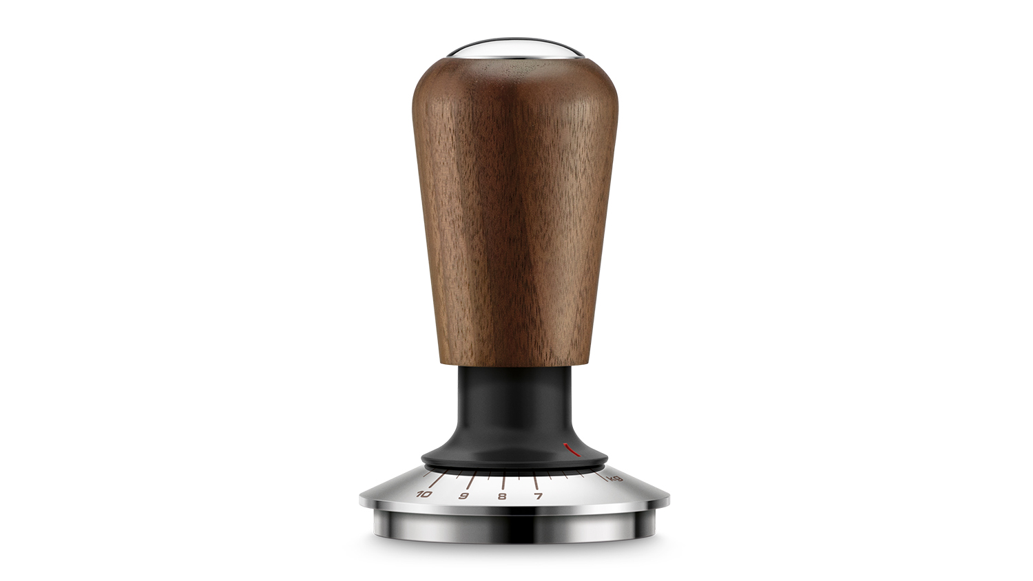 A close-up of a walnut-coloured coffee tamper with a wooden handle and stainless steel base.