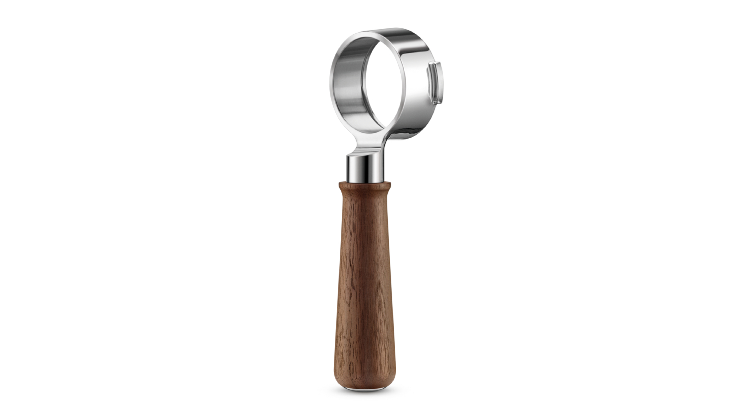 A side view of a walnut-coloured portafilter with a wooden handle and metal head.