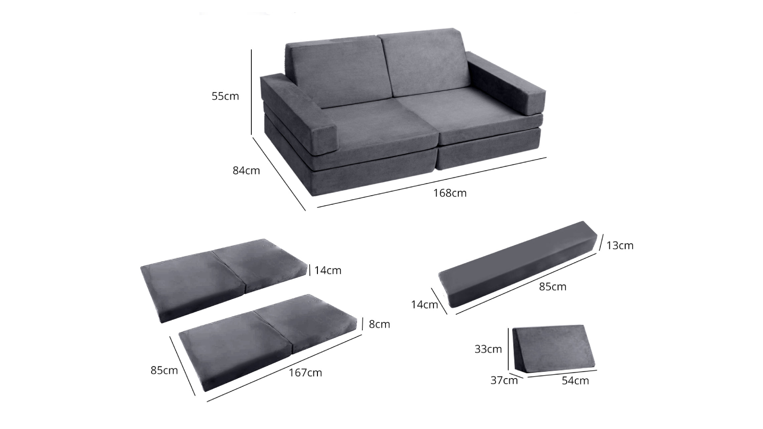 TSB Living Children's Play Couch - Grey