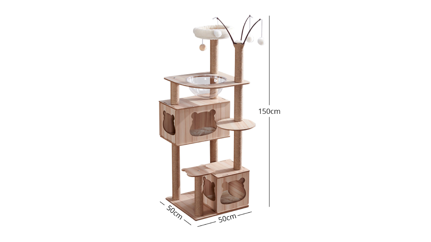 TSB Living Wooden Cat Tree with Scratching Posts, Panoramic Bowl, Hidey Houses 150cm