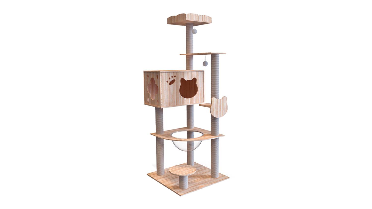 TSB Living Wooden Cat Tree with Scratching Posts, Panoramic Bowl, Hidey Houses 165cm
