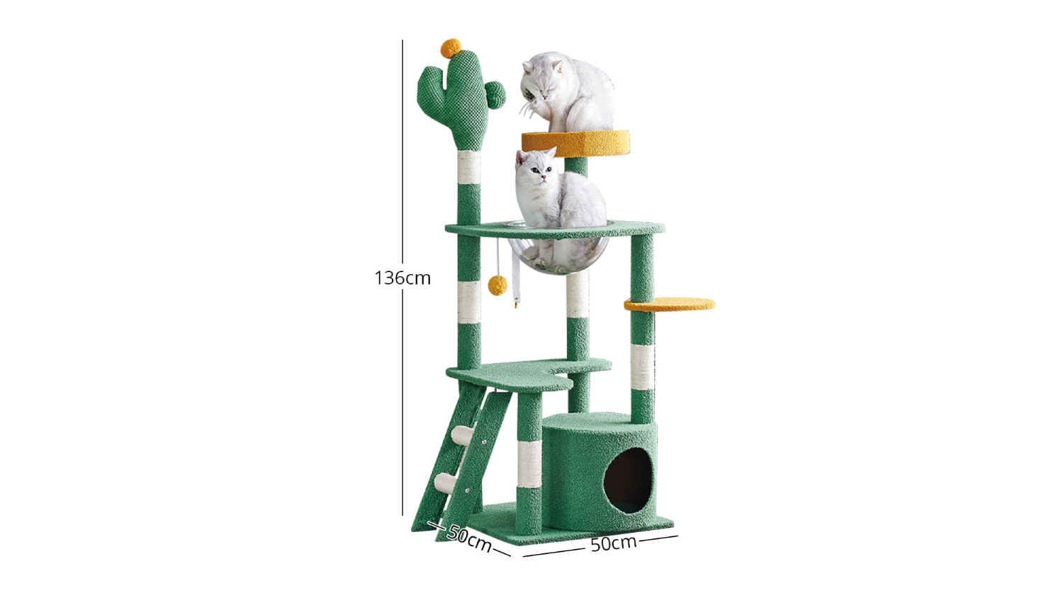 TSB Living Themed Cat Tree with Hidey Hole, Pompom, Panoramic Bowl 1.36m - Saguaro Cacti