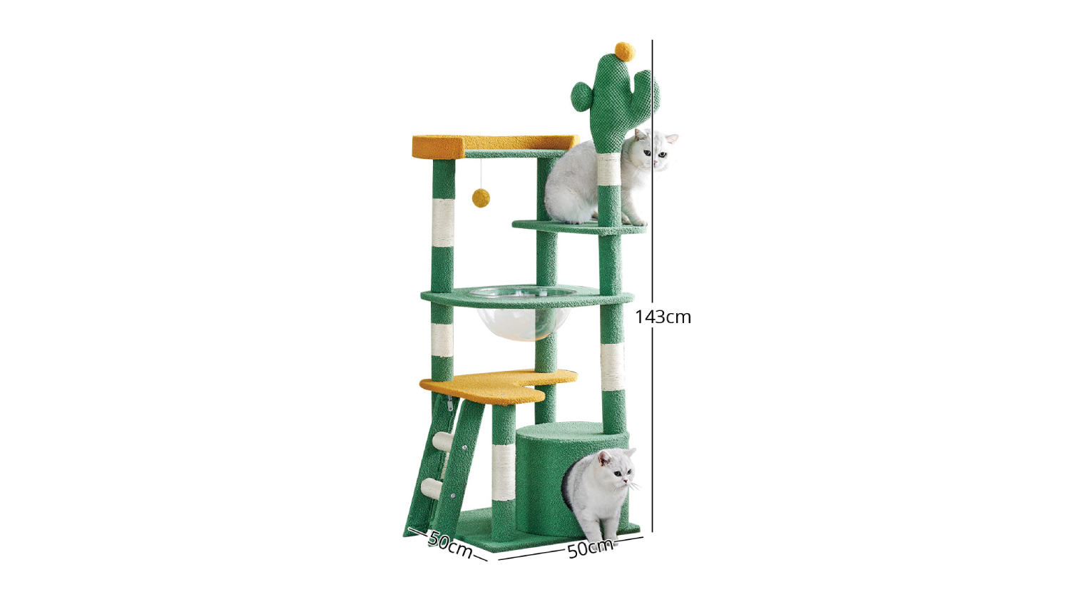 TSB Living Themed Cat Tree with Hidey Hole, Pompom, Panoramic Bowl 1.43m - Saguaro Cacti