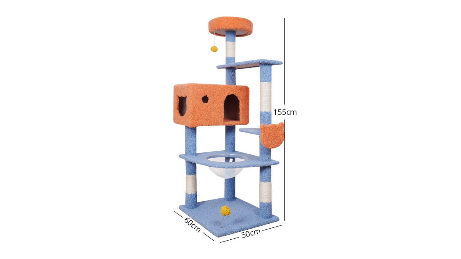 TSB Living Cat Tree with Hidey Hole, Pompoms, Panoramic Bowl 155cm - Blue/Orange