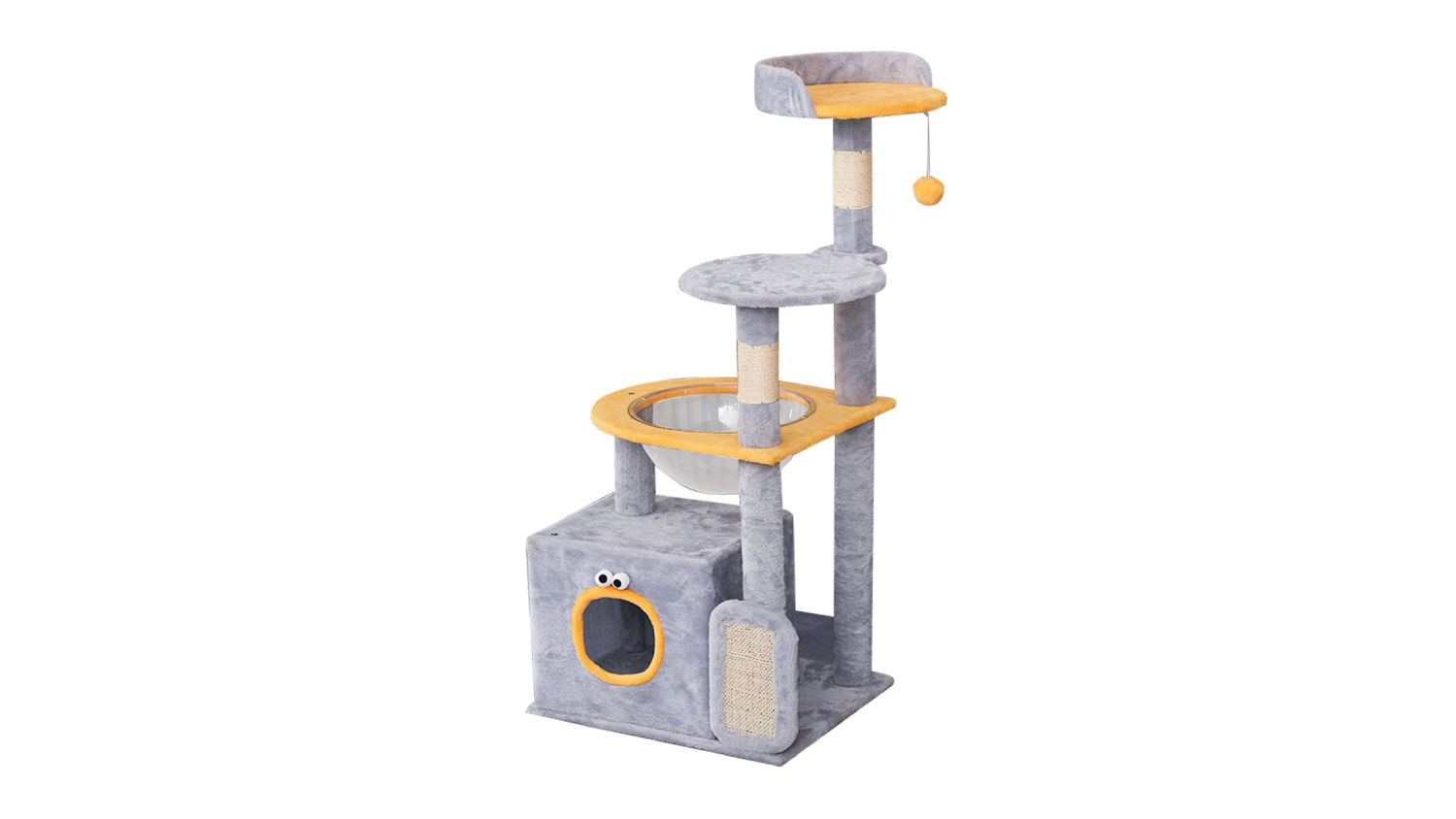 TSB Living Cat Tree with Hidey Hole, Pompoms, Panoramic Bowl 111cm - Grey/Orange