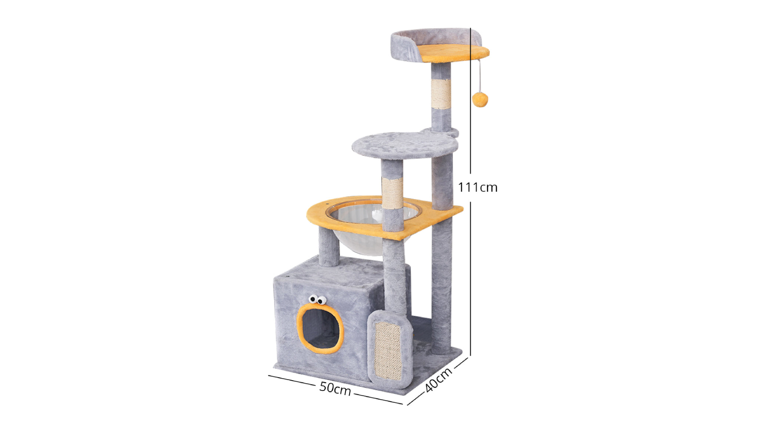 TSB Living Cat Tree with Hidey Hole, Pompoms, Panoramic Bowl 111cm - Grey/Orange