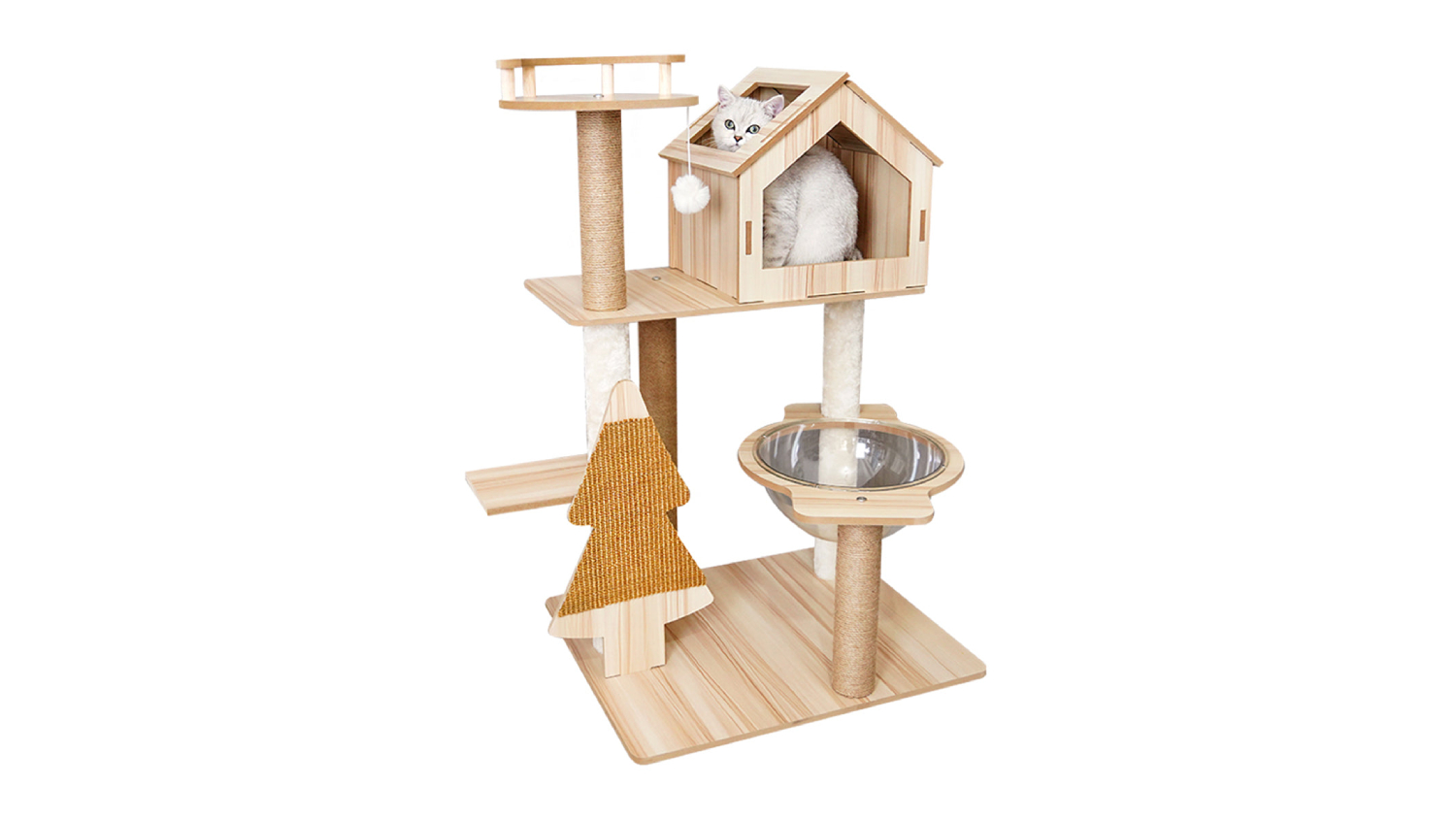 TSB Living Wooden Cat Tree with Scratching Posts, Panoramic Bowl 100cm