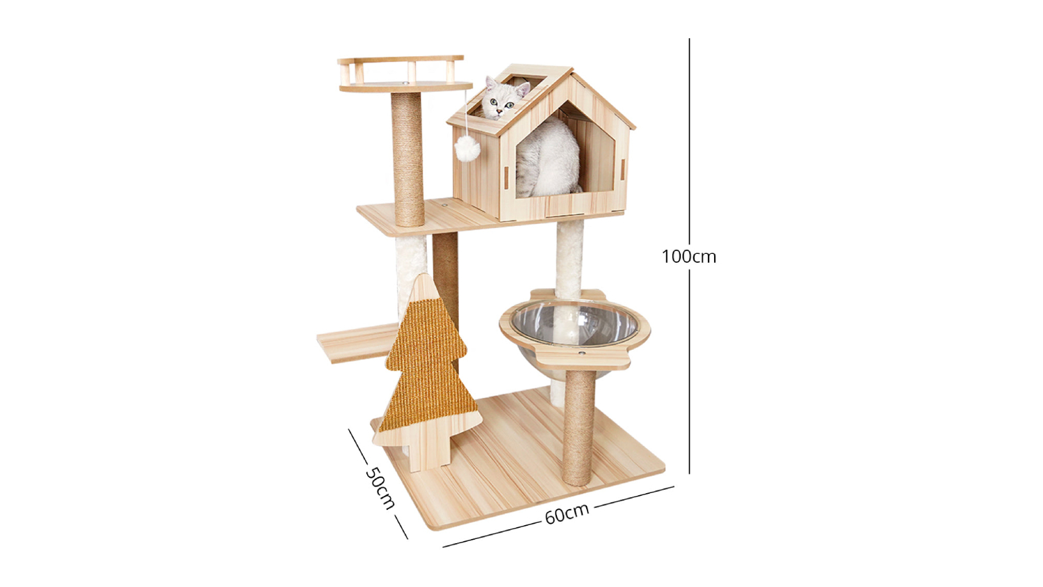 TSB Living Wooden Cat Tree with Scratching Posts, Panoramic Bowl 100cm