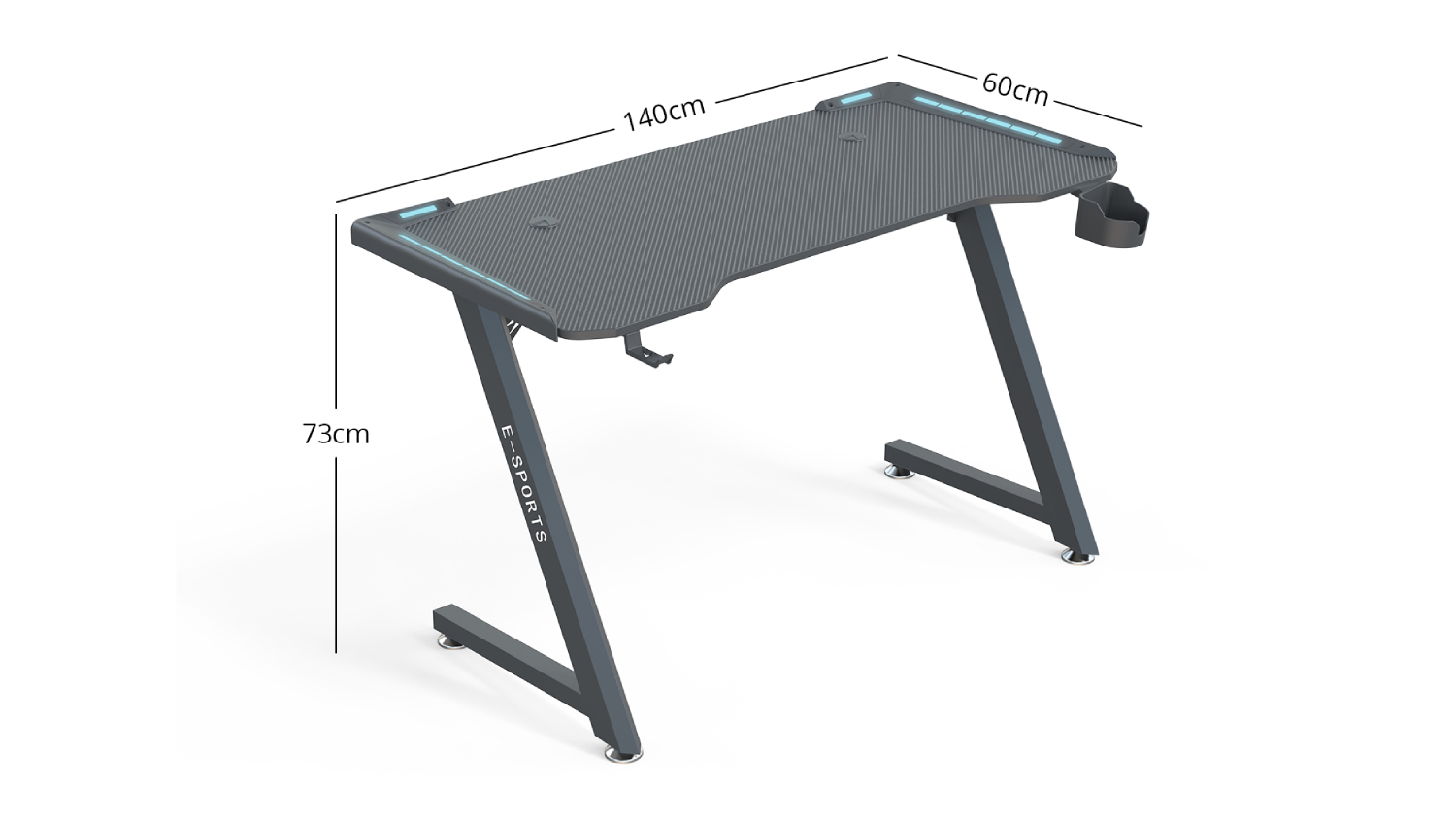 TSB Living Gaming Table with Wireless Charging, Headphone Hook, Gamer LEDs 140cm - Carbon Fiber
