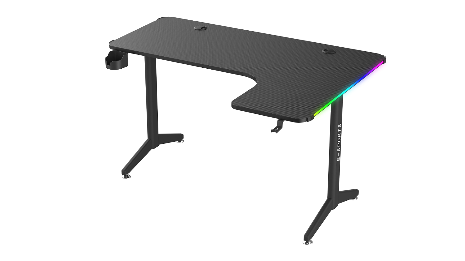 TSB Living Right-Handed L-Shaped Gaming Desk with Gamer LEDs, Cup Holder, Headphone Hook - Carbon Fiber Texture