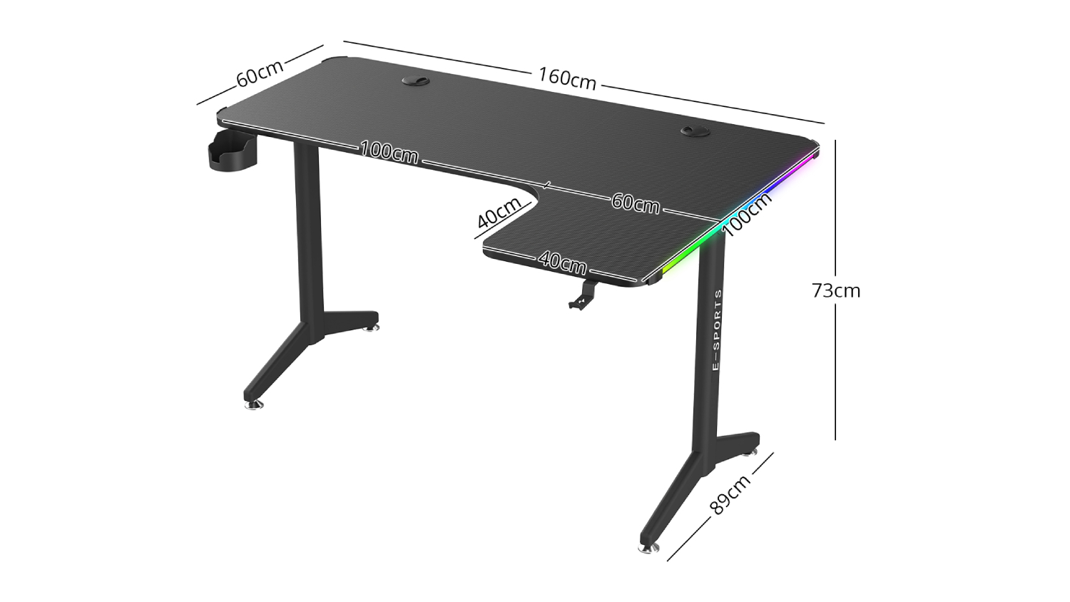 TSB Living Right-Handed L-Shaped Gaming Desk with Gamer LEDs, Cup Holder, Headphone Hook - Carbon Fiber Texture