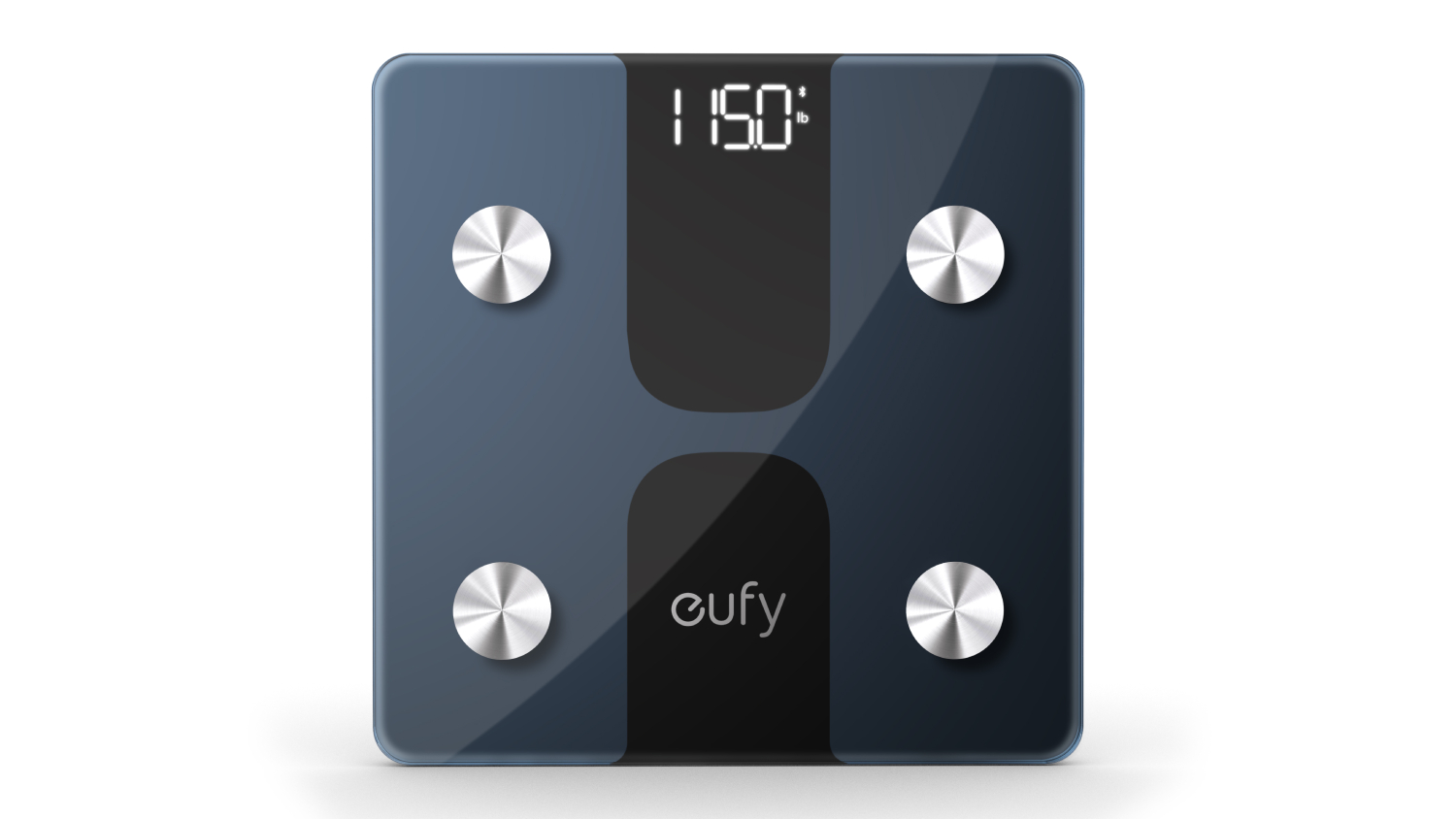 A black Eufy smart scale displaying "115.0" on the digital LED screen