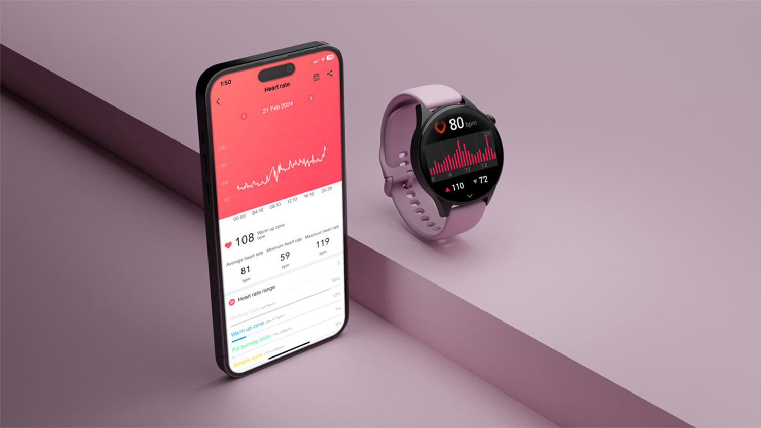 Ryze Wave SmartWatch - Black Case with Lilac/Black Band (Bluetooth)