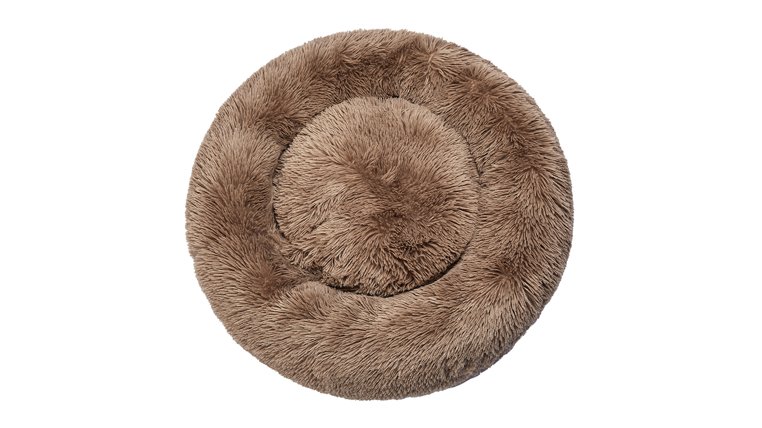 A round, plush, taupe pet bed with a soft, fluffy texture.