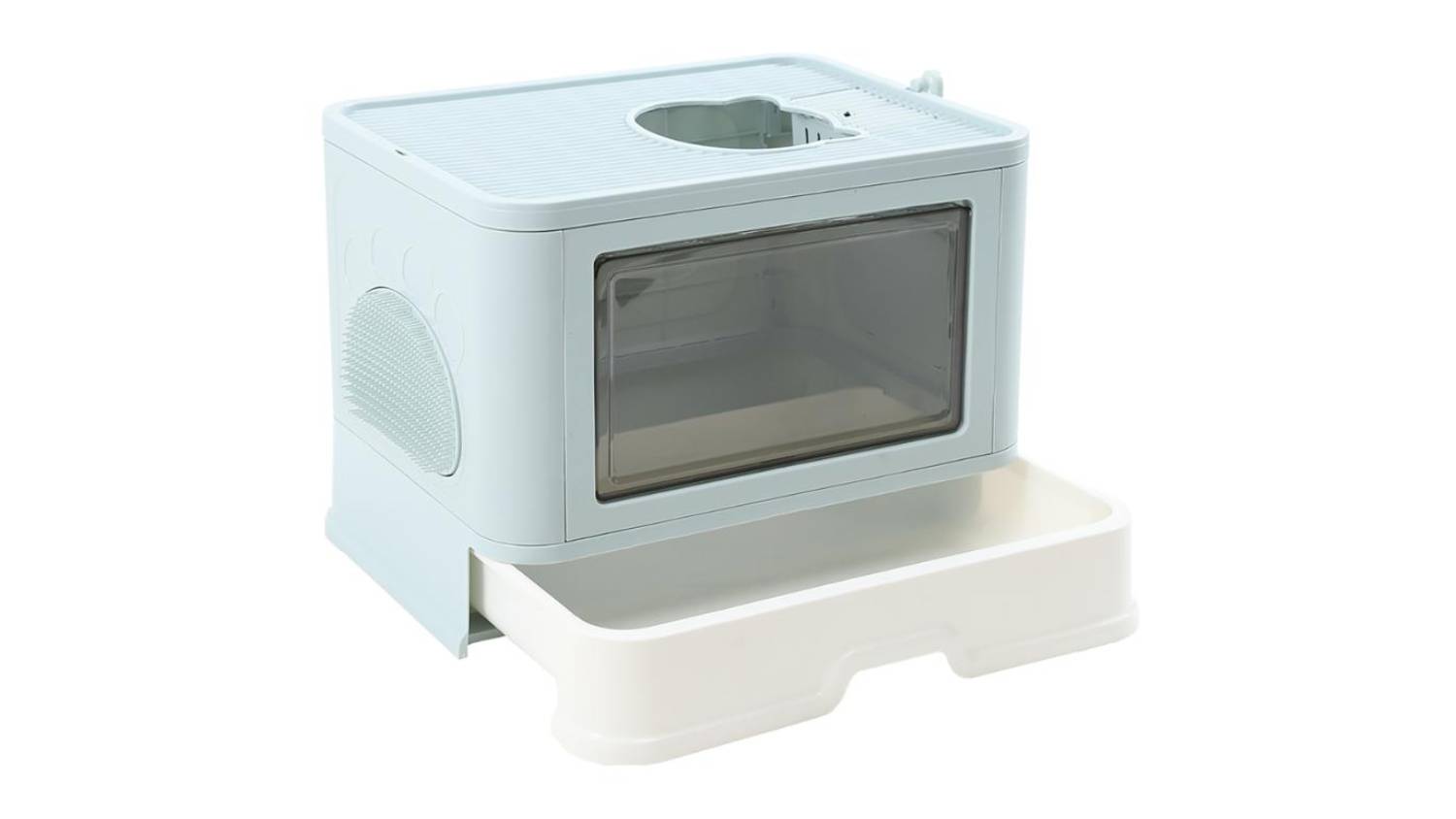 A litter box with a transparent front panel, circular top opening, and pull-out tray.