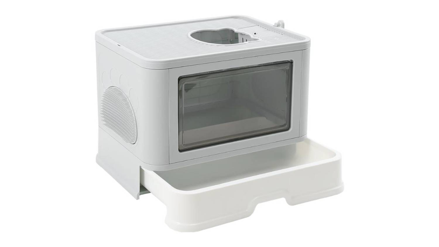 A litter box with a transparent front panel, circular top opening, and pull-out tray.