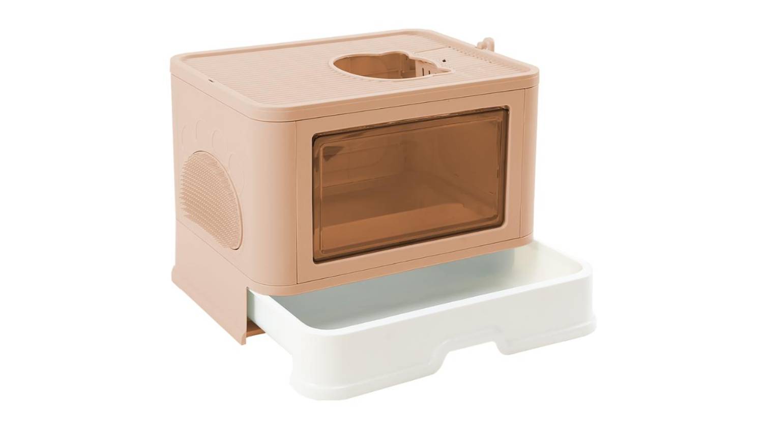 A litter box with a transparent front panel, circular top opening, and pull-out tray.