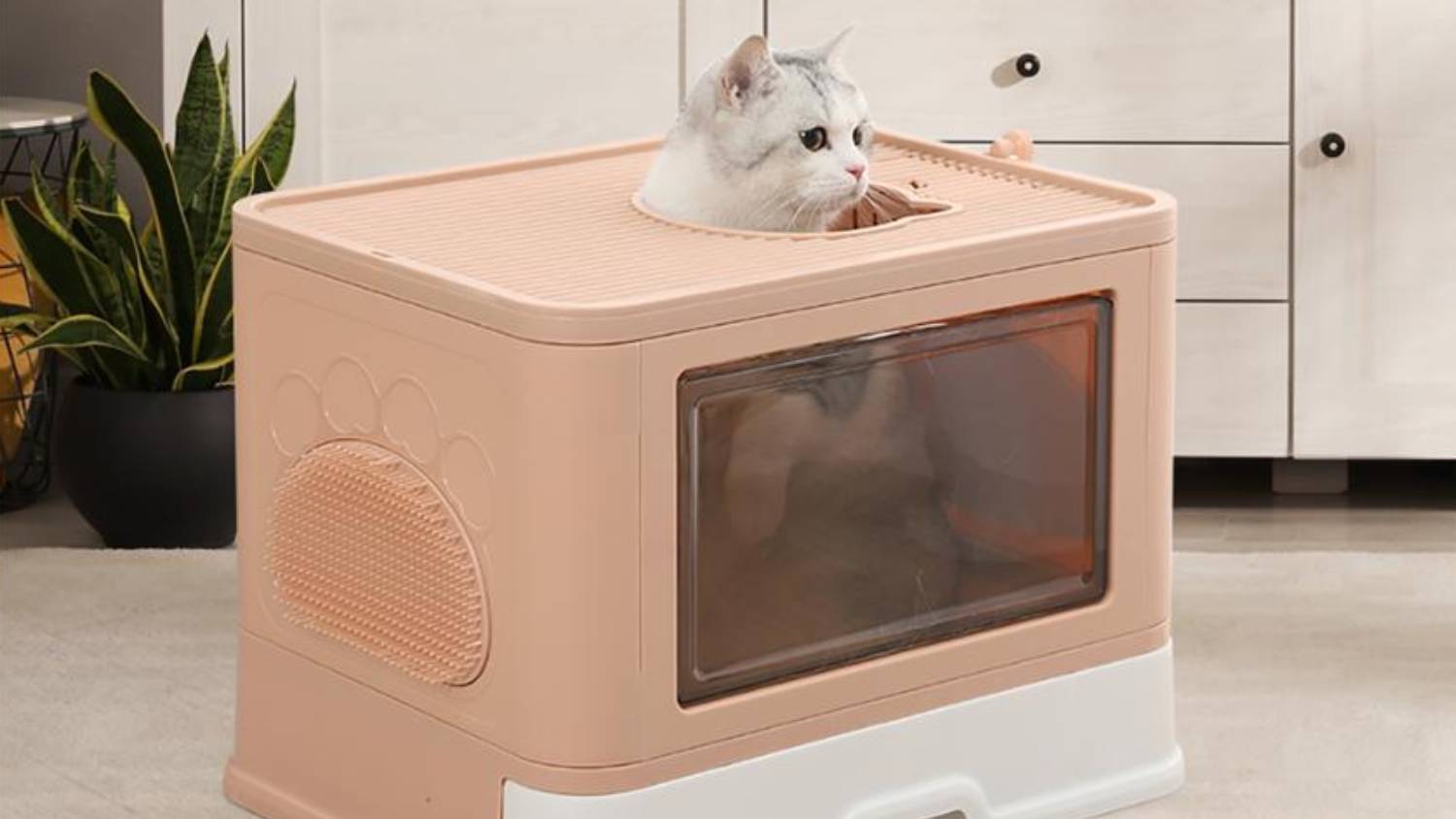 A cat inside the litter box is peeking out through the top opening.
