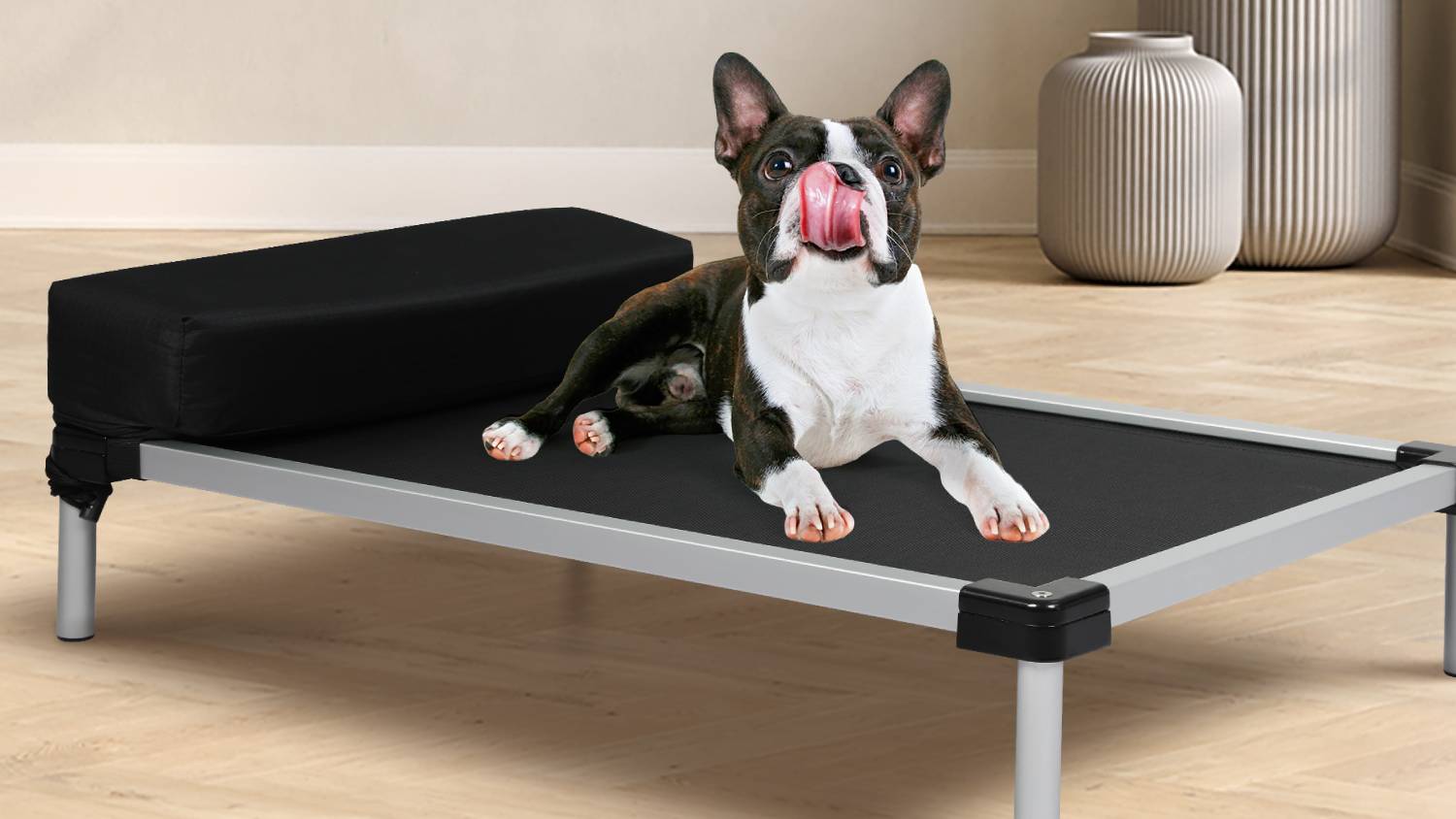 PaWz Outdoor Elevated Mesh Dog Bed with Aluminium Frame, Pillow Medium - Black