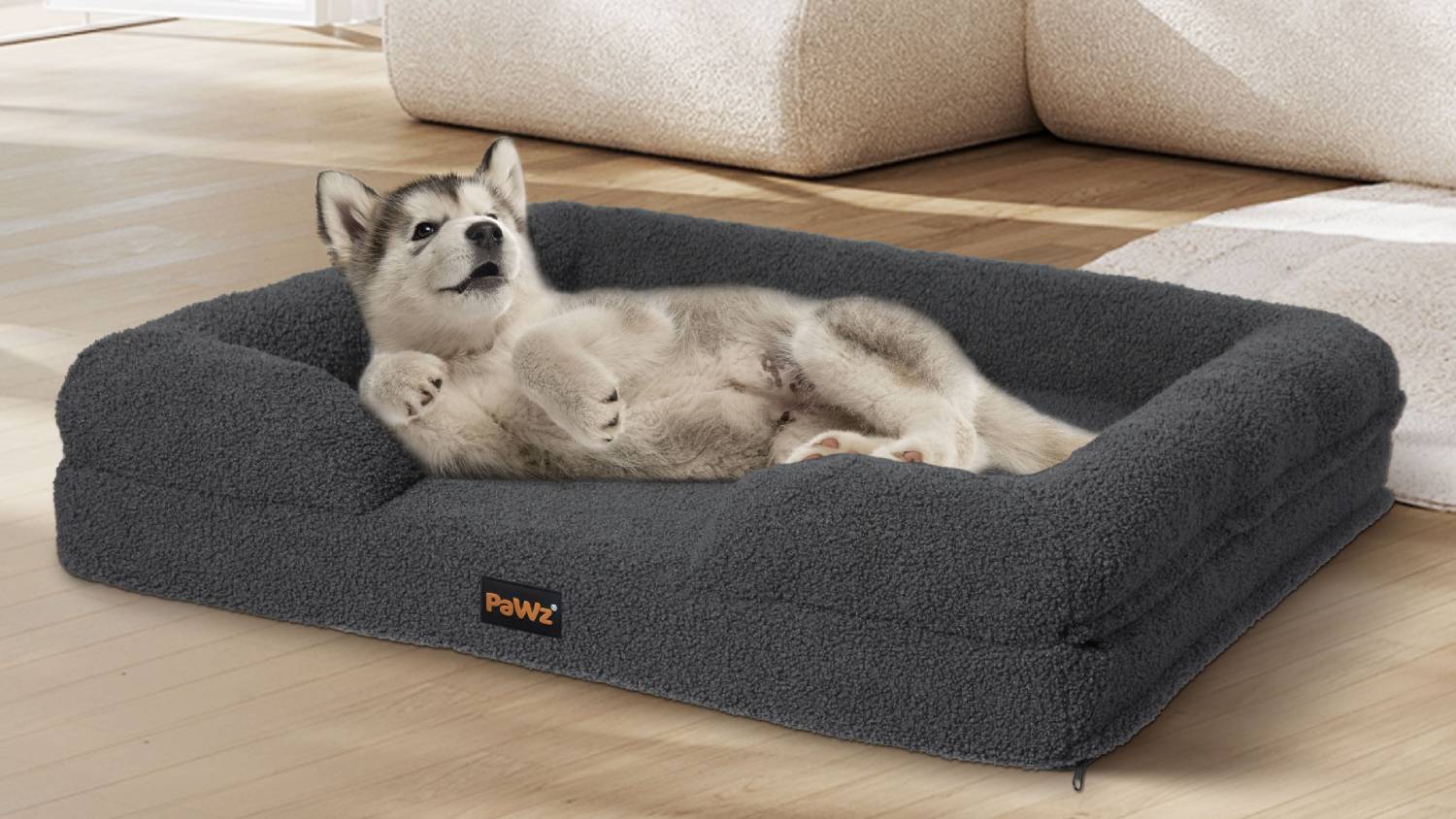 PaWz Premium Memory Foam Boucle Pet Bed with Bolsters 71 x 58cm - Grey