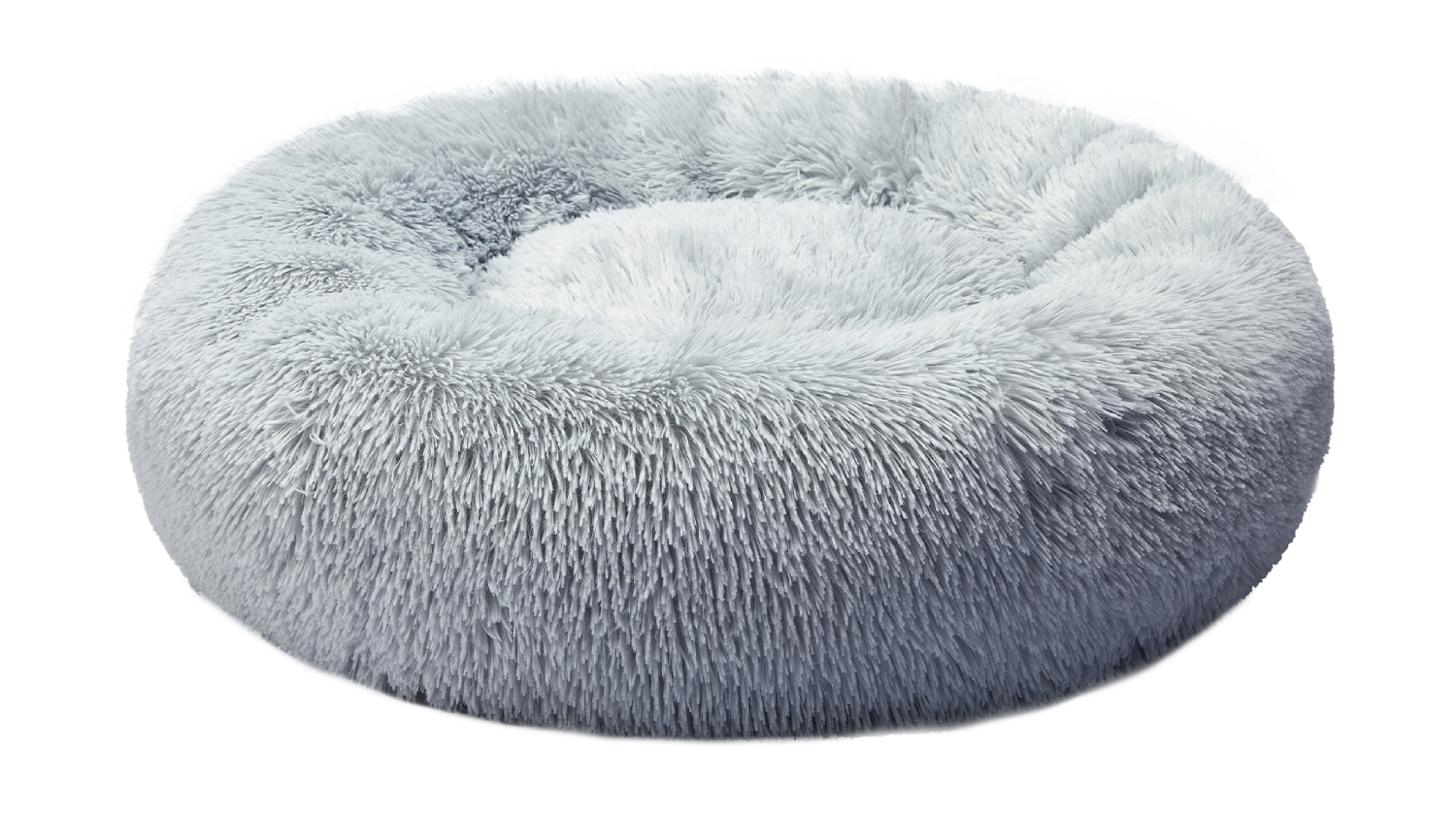 A round, plush, grey pet bed with a soft, fluffy texture.