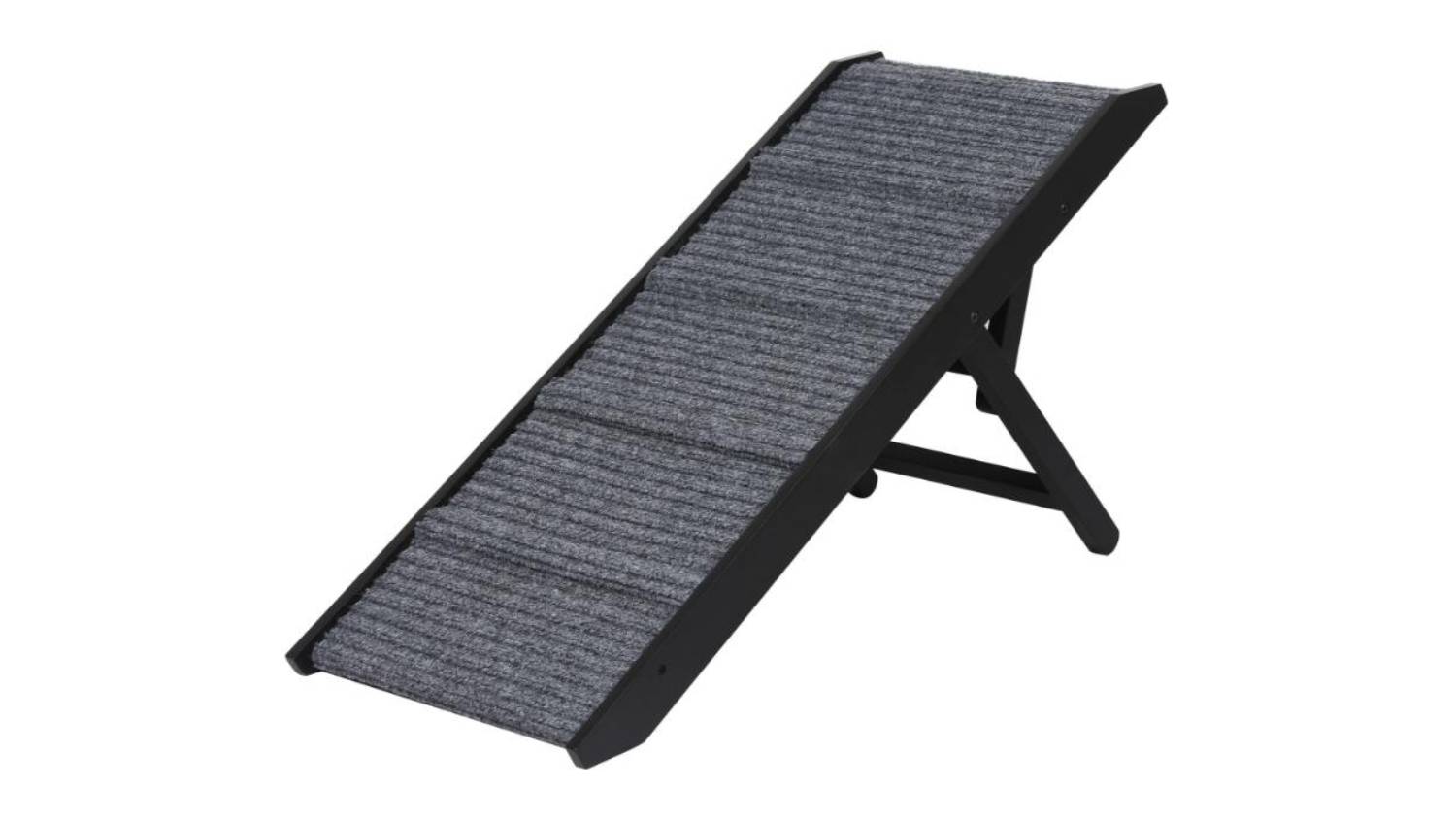 Side view of the inclined pet ramp with a black frame and a grey carpeted surface.