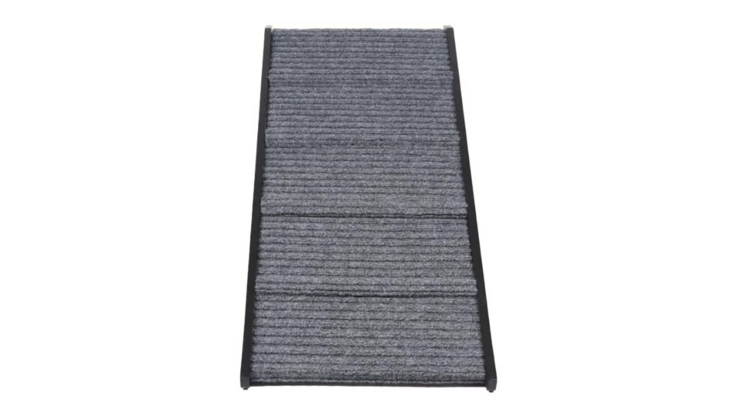 Front view of a black folding pet ramp. 