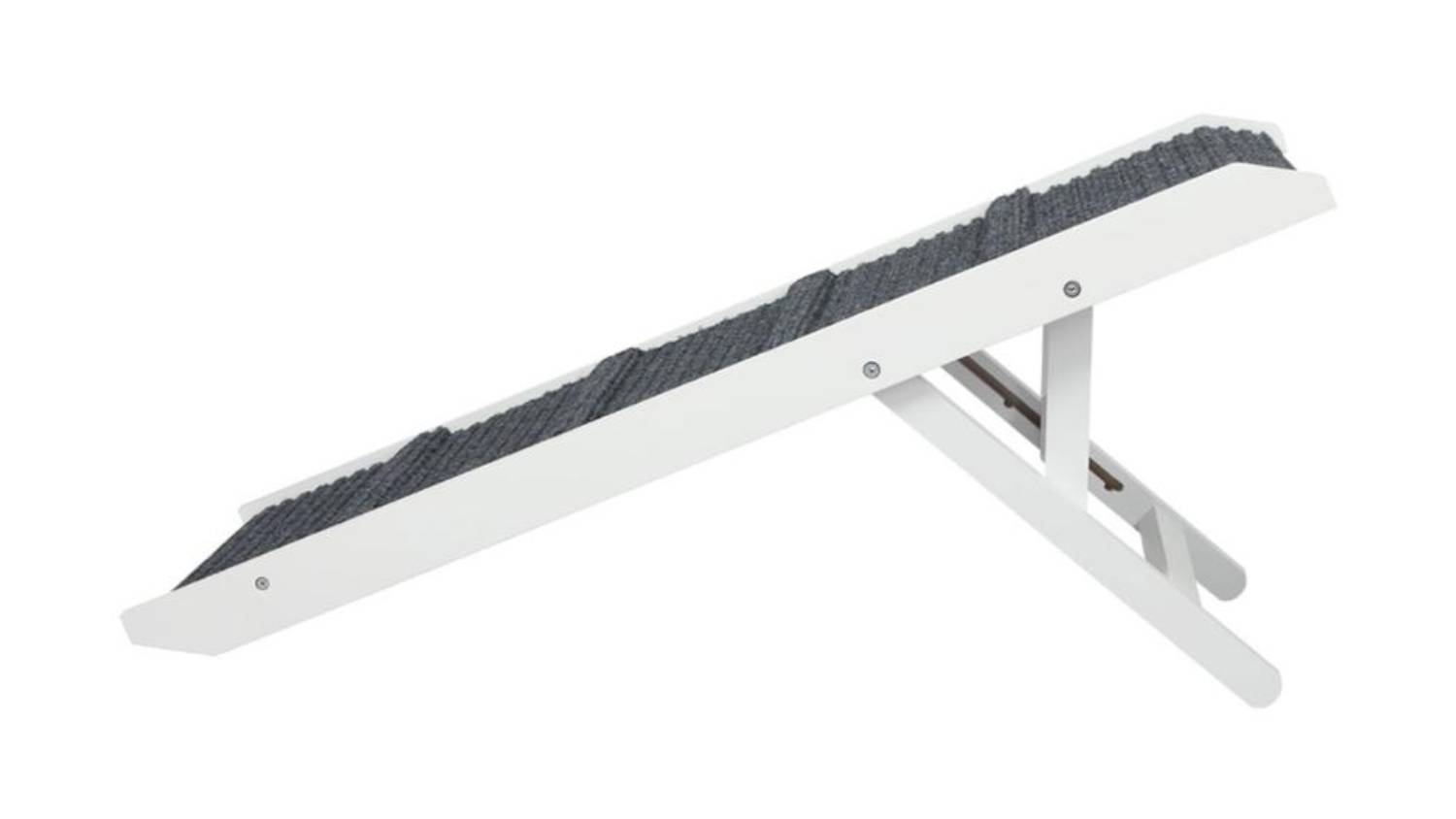 Side view of the inclined pet ramp with a black frame and a grey carpeted surface.