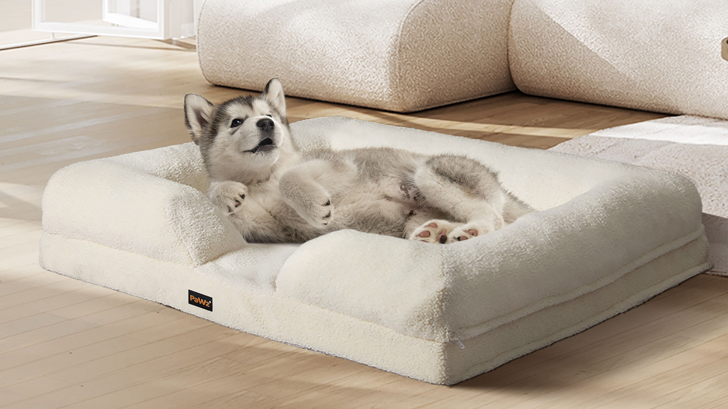 PaWz Premium Memory Foam Boucle Pet Bed with Bolsters 71 x 58cm - White