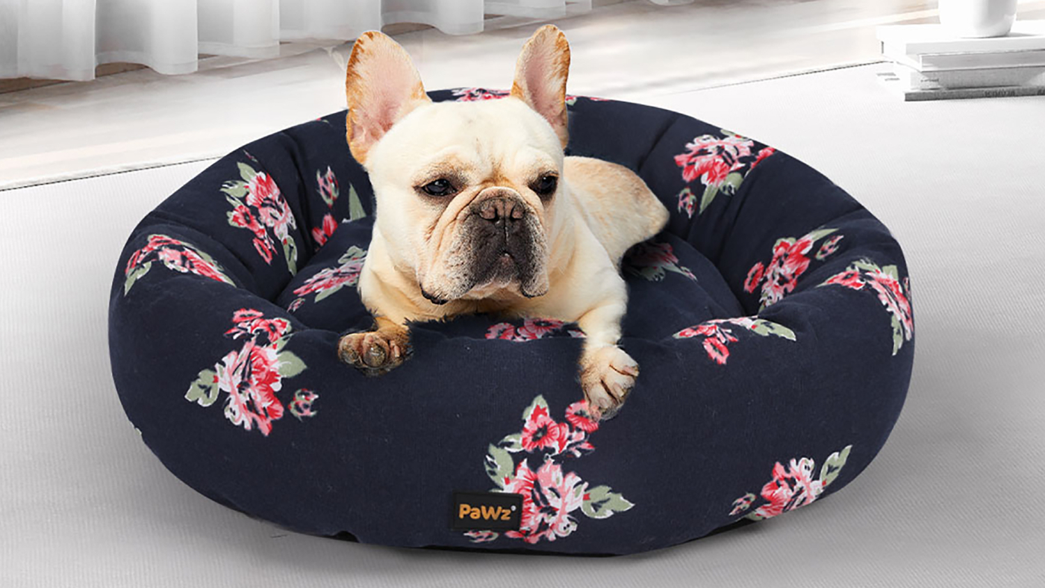 PaWz Plush Donut Dog Bed 80 x 23cm - Navy/Floral Pattern