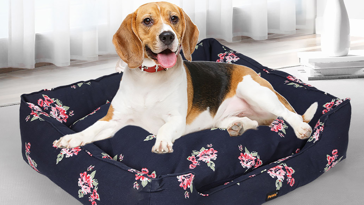 PaWz Plush Square Dog Bed 80 x 60cm - Navy/Floral Pattern
