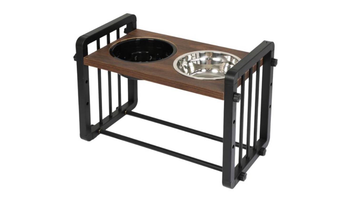 A right-angle view of a PaWz Adjustable Elevated Pet Feeder Stand with Slow Feeder Bowl, Water Dish