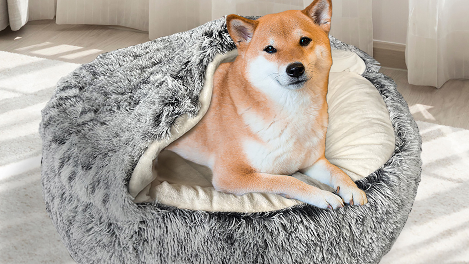 PaWz Washable Round Calming Pet Bed with Snuggle Hood 100 x 30cm - Charcoal