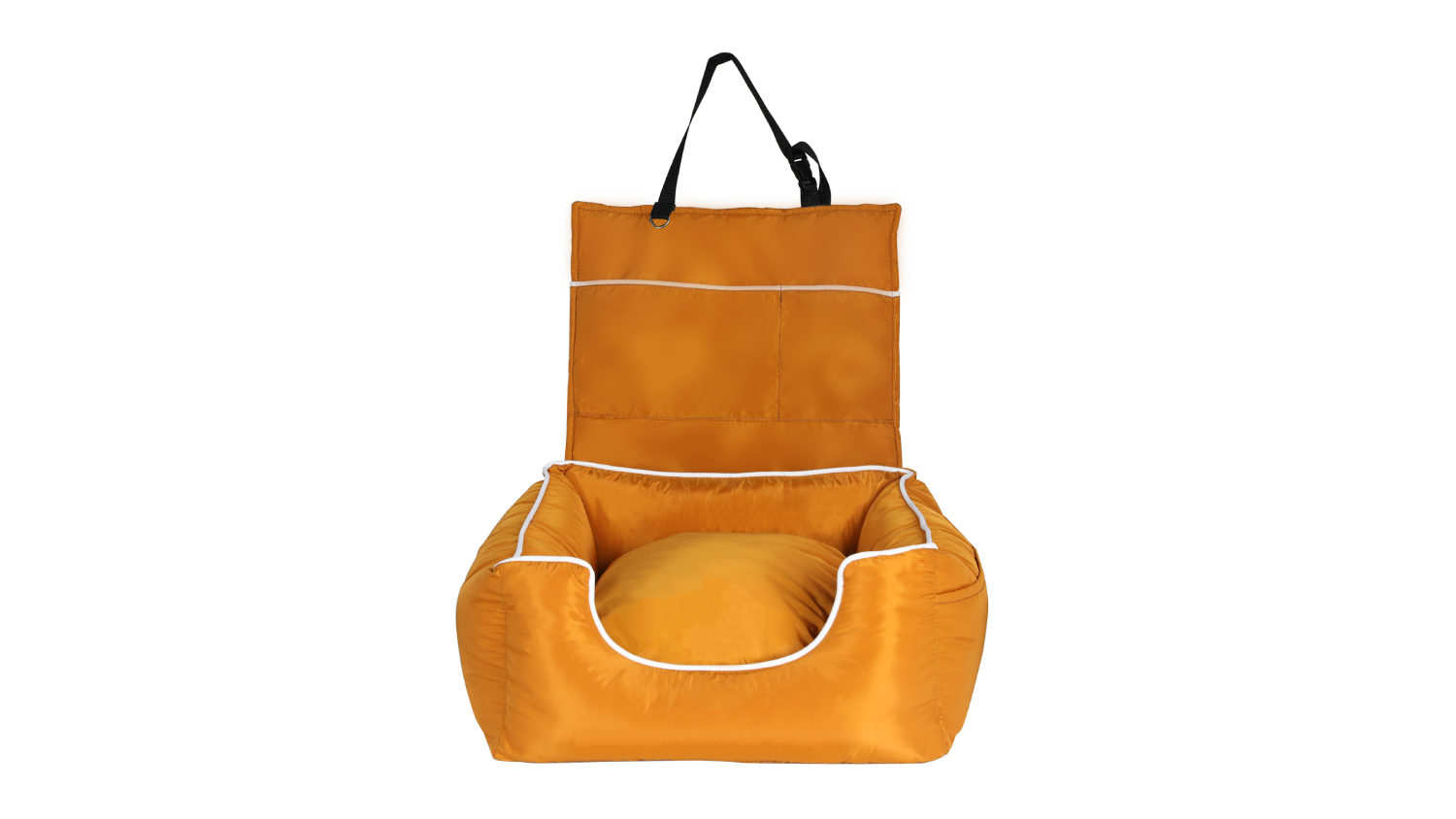 An orange pet car seat with a cushioned base and backrest, and a safety strap.