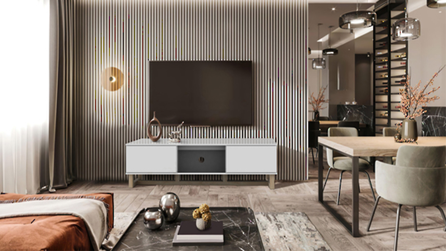 AVS 1.5m TV/AV Entertainment Centre Cabinet - White Gloss/Oak Leg (Raze Modular/RZ1500WO)