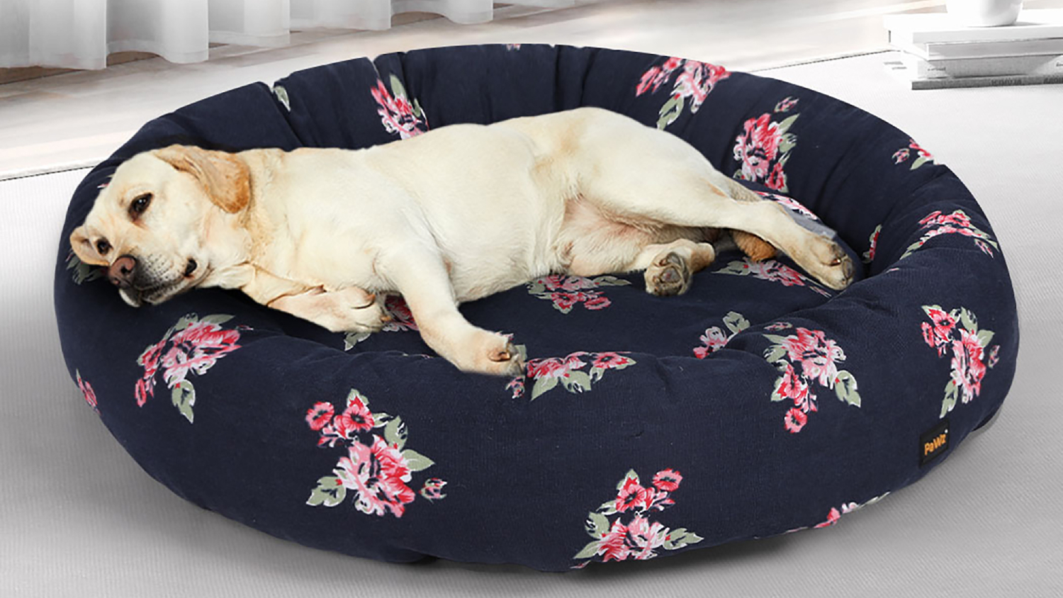 PaWz Washable Donut Calming Pet Bed 100 x 100cm - Navy/Floral Pattern