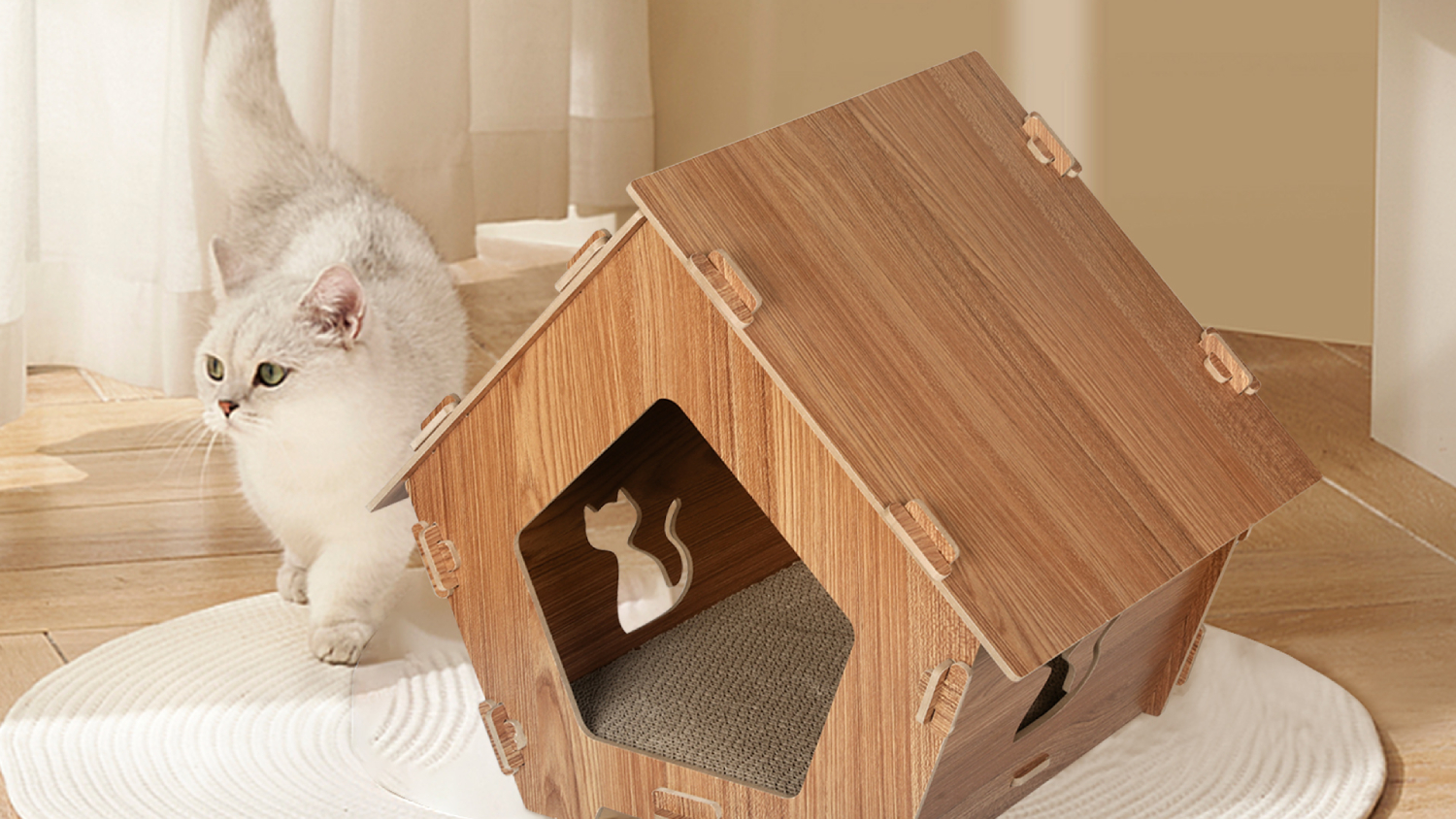 PaWz Pentagonal MDF Cat House with Cardboard Scratcher