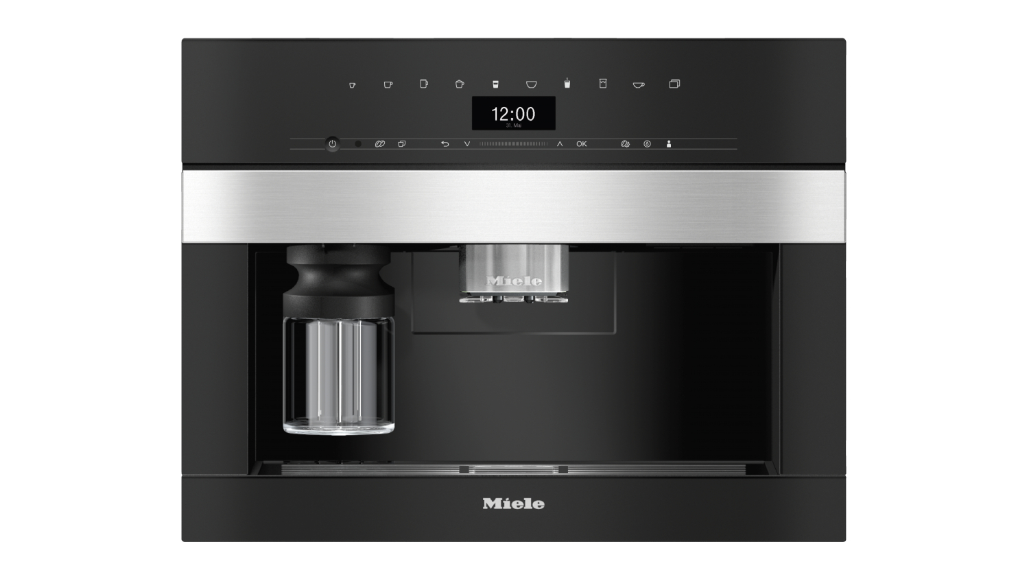Miele’s built-in coffee machine with a sleek stainless steel finish.
