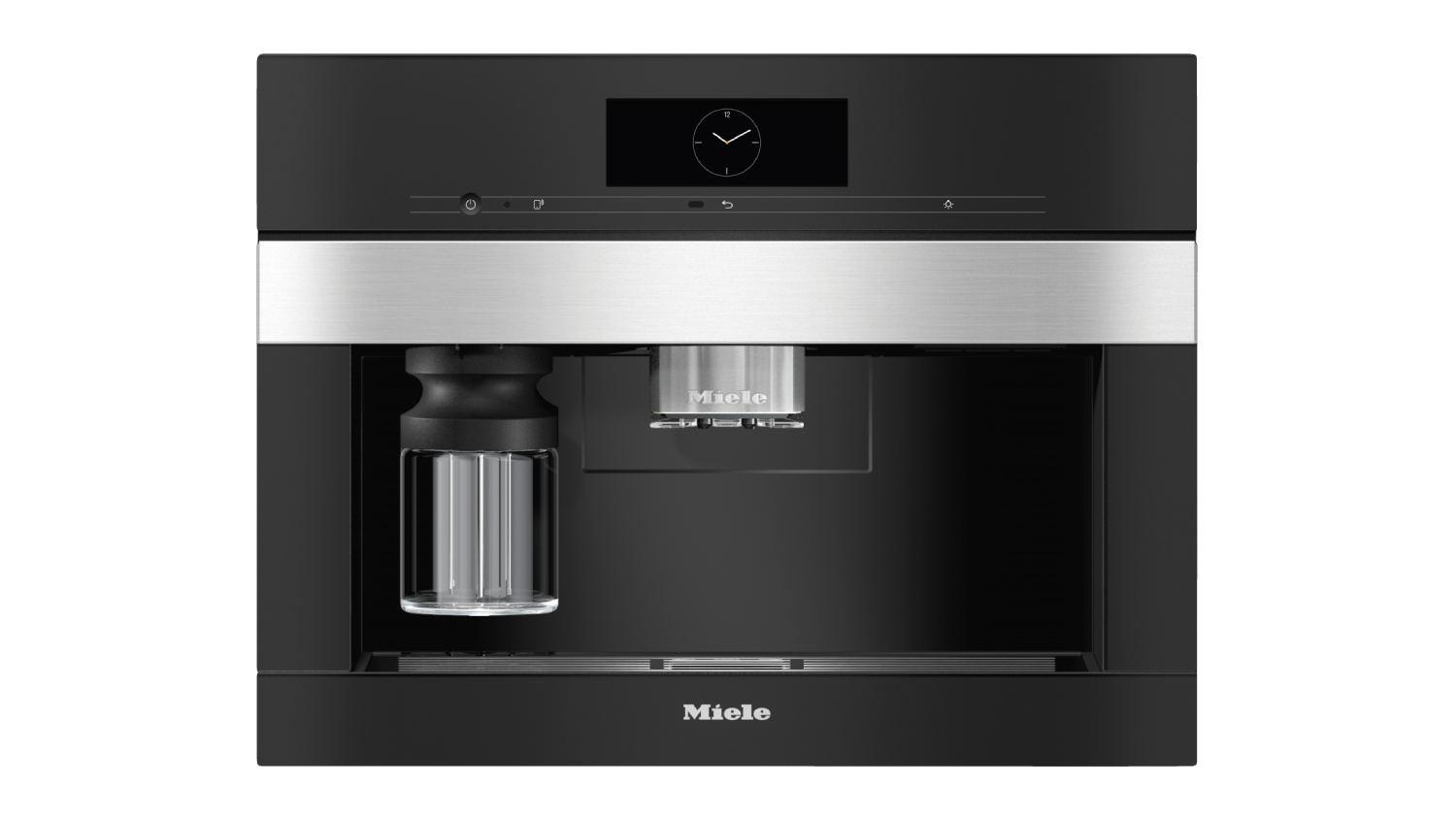 Miele’s built-in coffee machine with a sleek stainless steel finish.