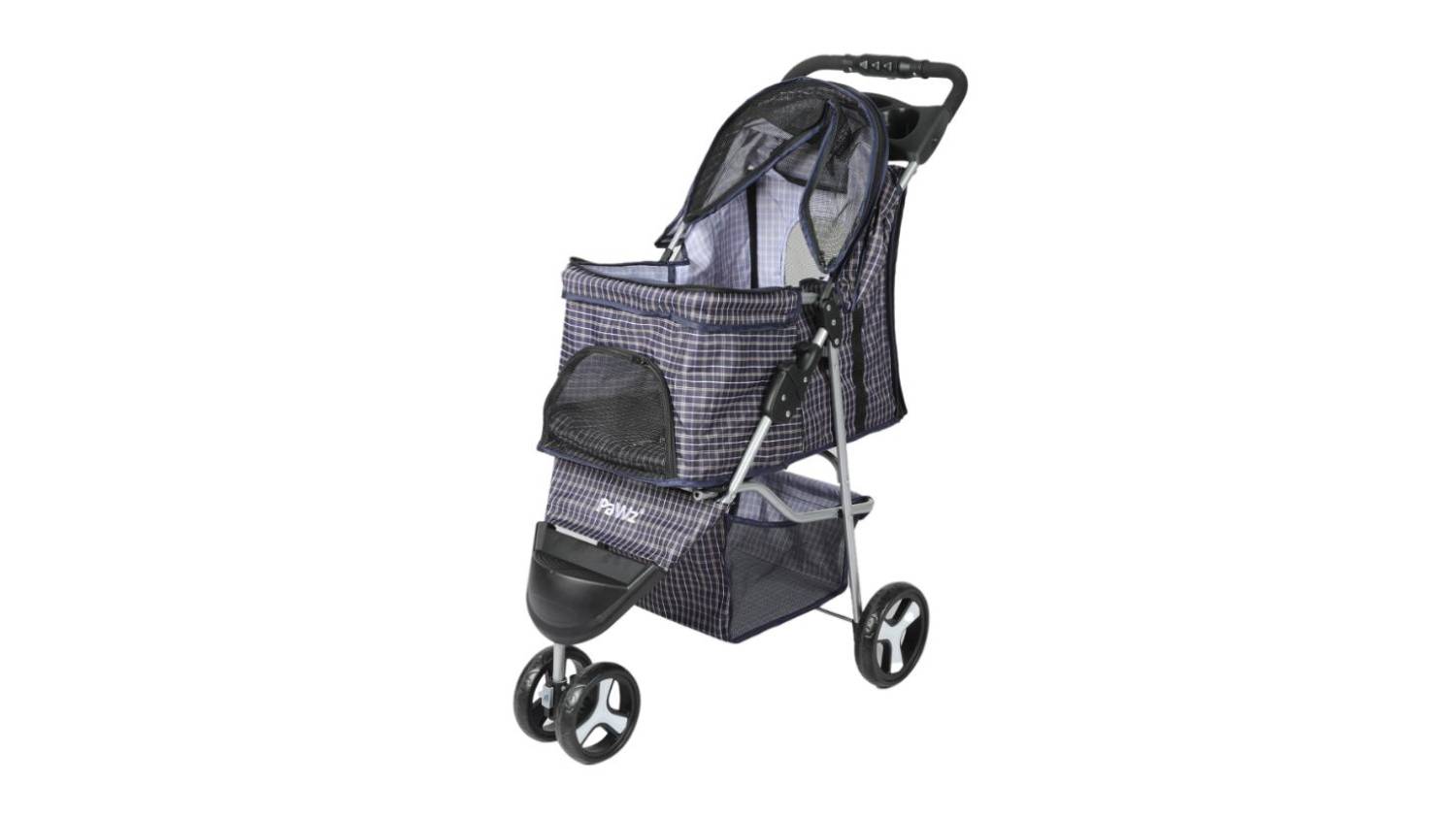 PaWz Large Tri-Wheel Pet Stroller with Drink Holder - Plaid Pattern