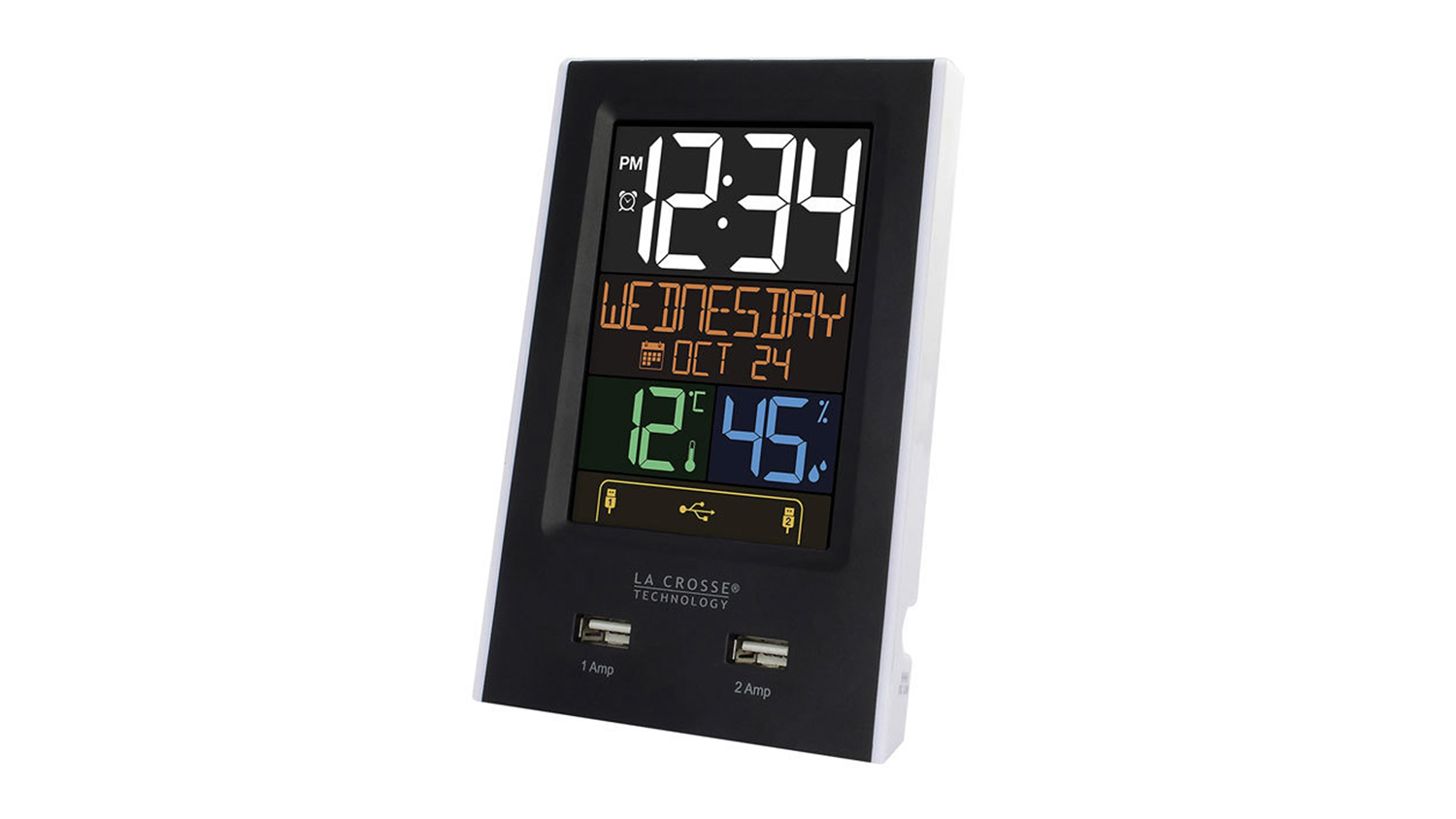 La Crosse Colour Calendar Display Alarm Clock with Temperature Gague, USB Ports