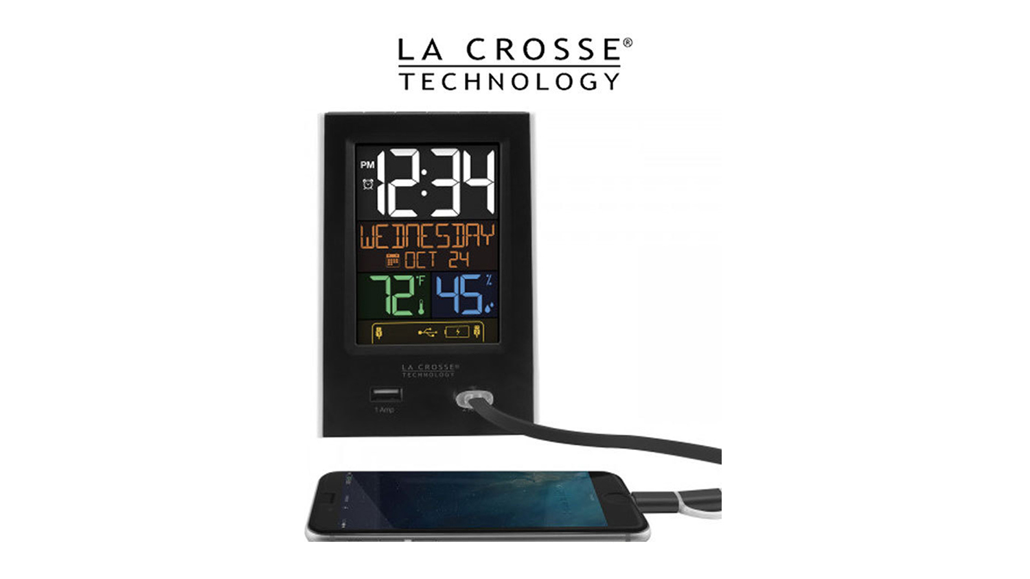 La Crosse Colour Calendar Display Alarm Clock with Temperature Gague, USB Ports