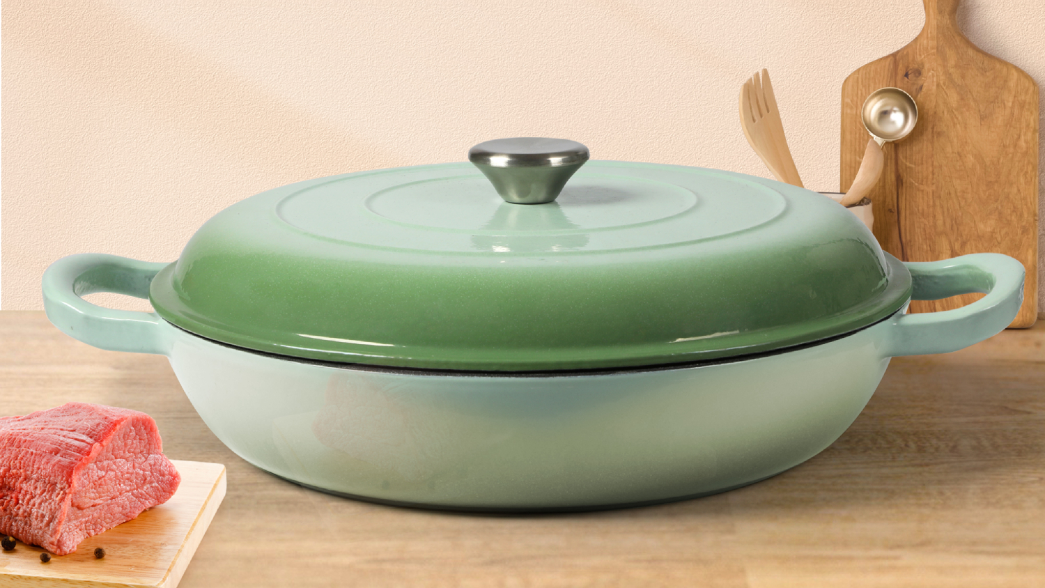 Toque Cast-Iron Round French Pan with Lid 3.5L - Green