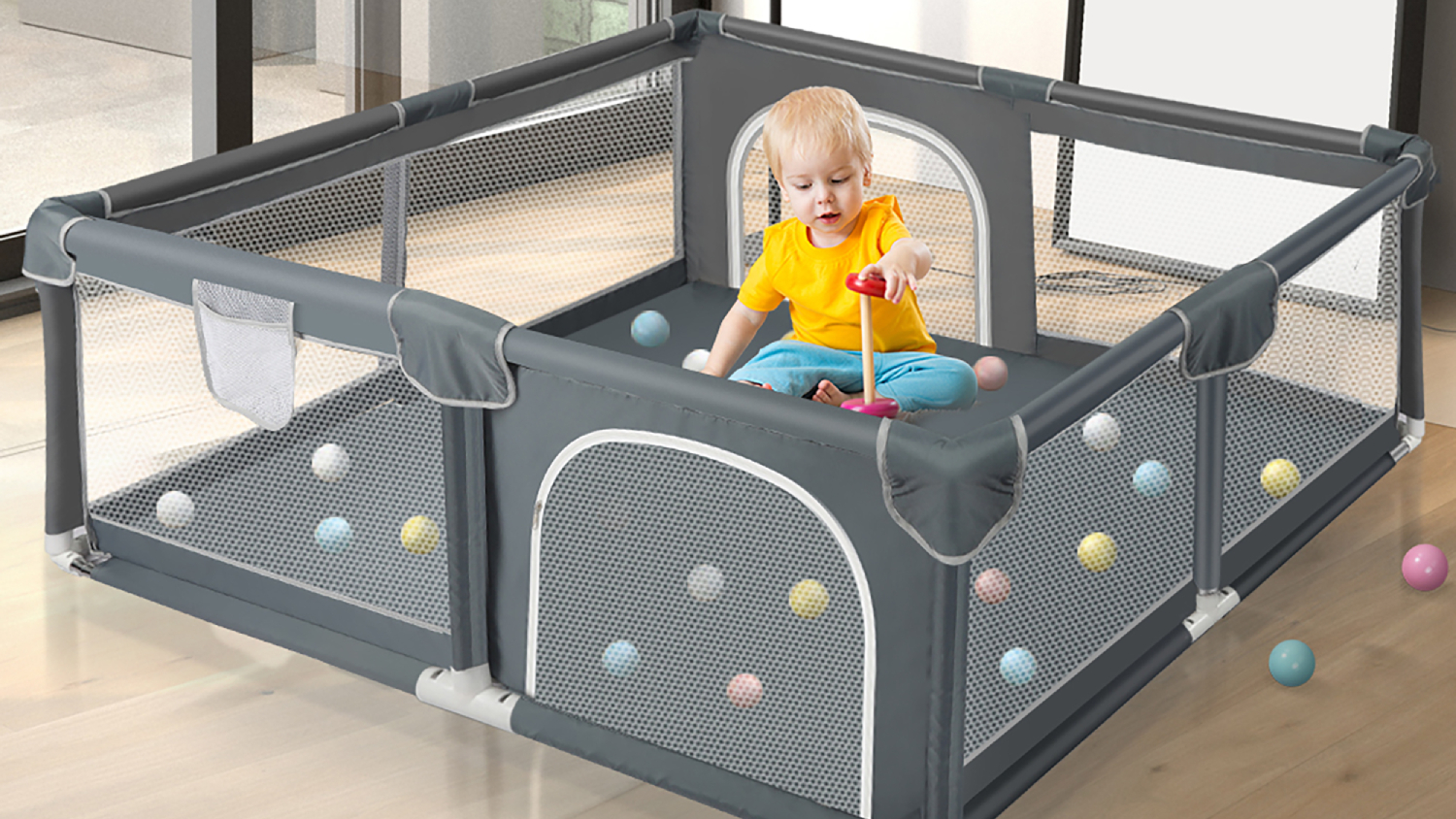 Bopeep Secure Mesh Baby Playpen with Storage Pocket, Zipper Doors 180 x 150 x 66cm - Dark Grey