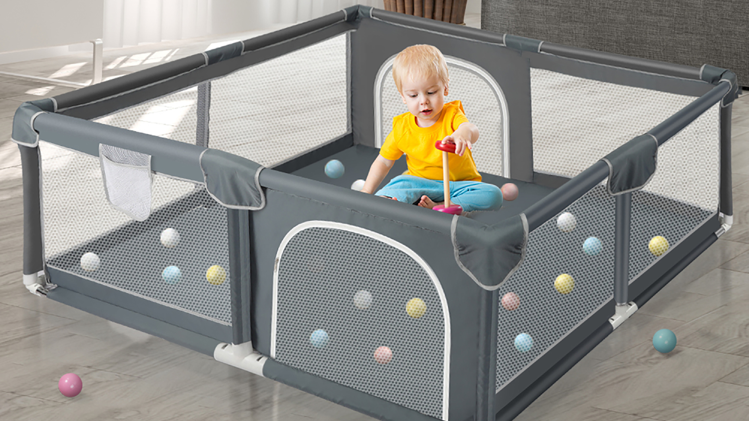 Bopeep Secure Mesh Baby Playpen with Storage Pocket, Zipper Doors 200 x 180 x 66cm - Dark Grey