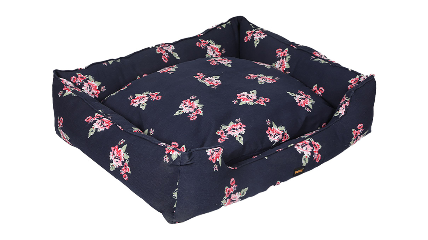 PaWz Plush Square Dog Bed 90 x 72cm - Navy/Floral Pattern