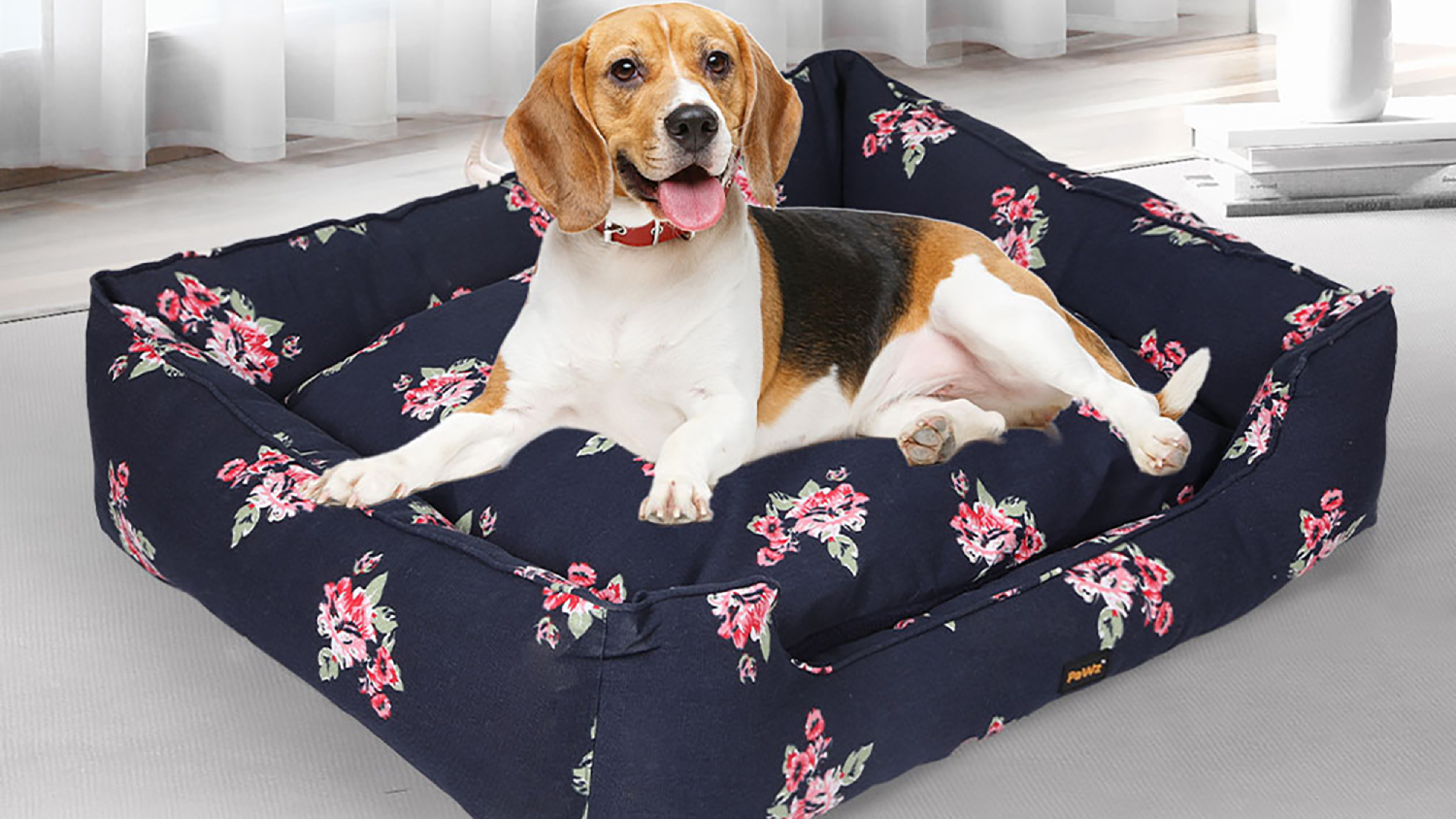 PaWz Plush Square Dog Bed 90 x 72cm - Navy/Floral Pattern