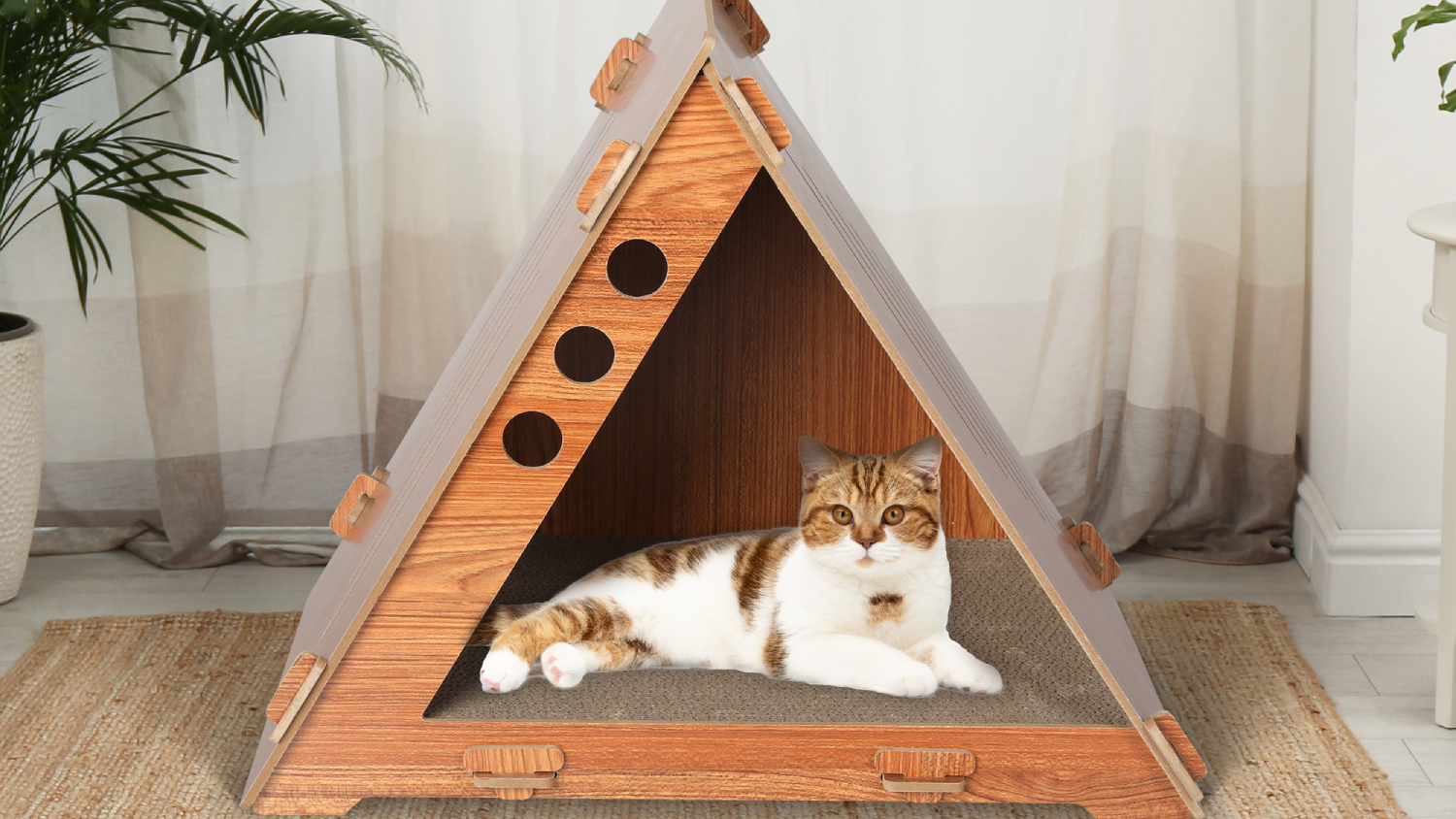 PaWz Triangular MDF Cat House with Cardboard Scratcher