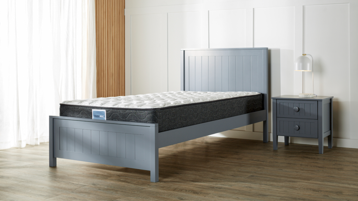 Suparest Classic Medium King Single Mattress with Neves Grey Bed Frame and Bedside Table