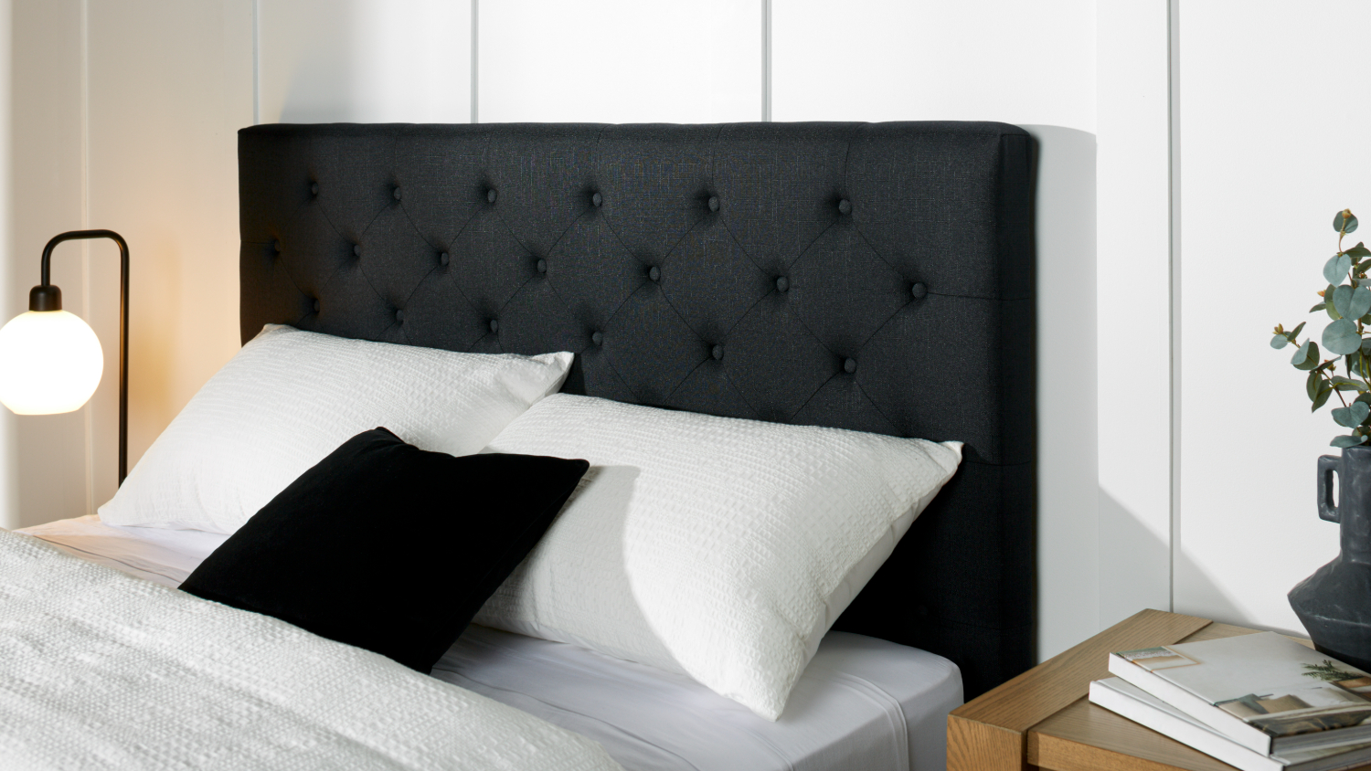 Diaz Super King Upholstered Buttoned Headboard - Black Linen